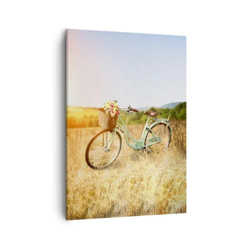 Quadro su tela - Stampe su Tela - Una bicicletta retrò con un cesto pieno di fiori sullo sfondo di un prato. - 50x70cm - Resto qui un attimo - Decorazione murale moderna per soggiorno e camera da letto ARTTOR