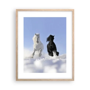 Poster in cornice rovere chiaro - Galoppo in bianco e nero - 40x50 cm