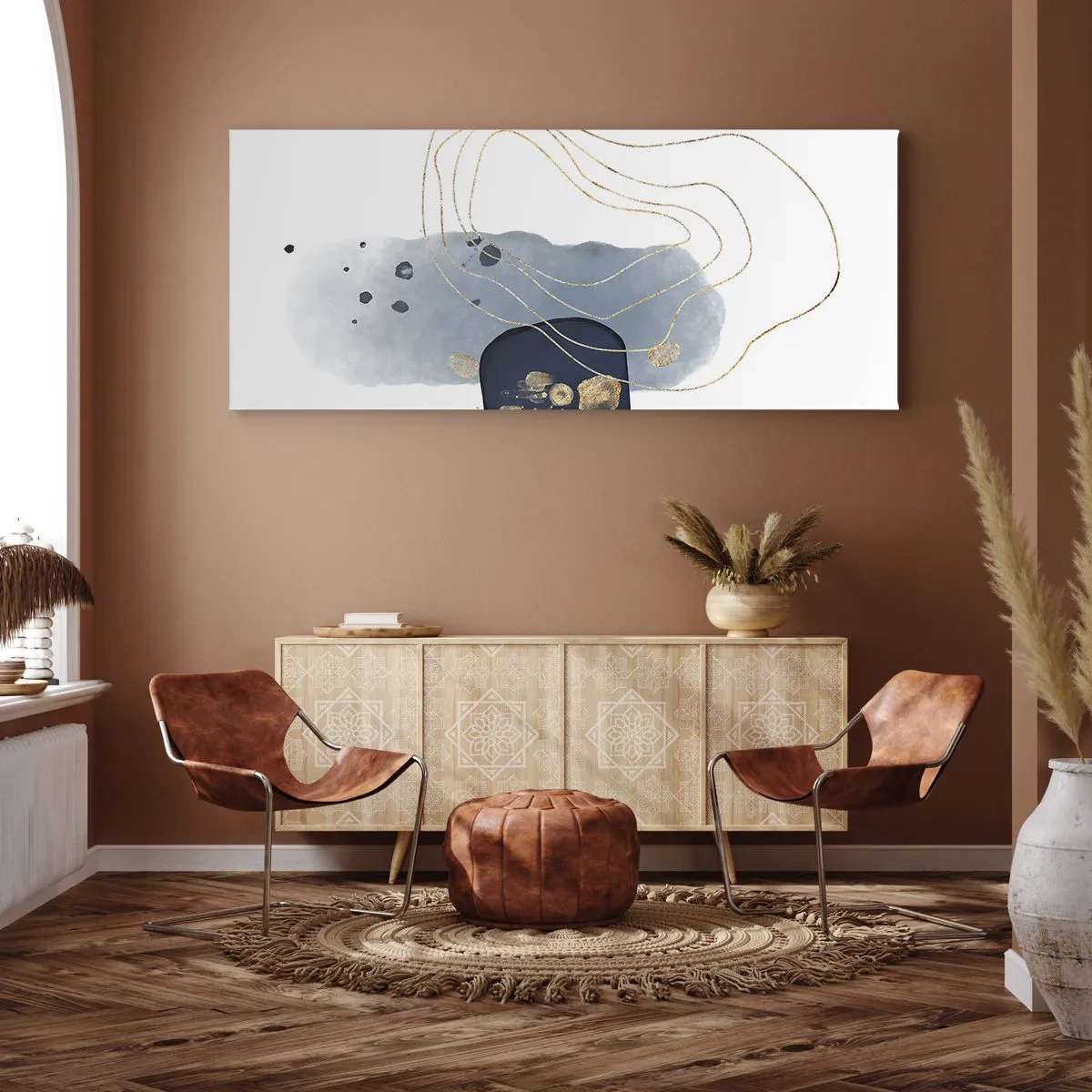 Quadro su tela - Stampe su Tela - Astrazione nei toni del blu e dell'oro - 120x50cm - Fantasia blu e oro - Decorazione murale moderna per soggiorno e camera da letto ARTTOR