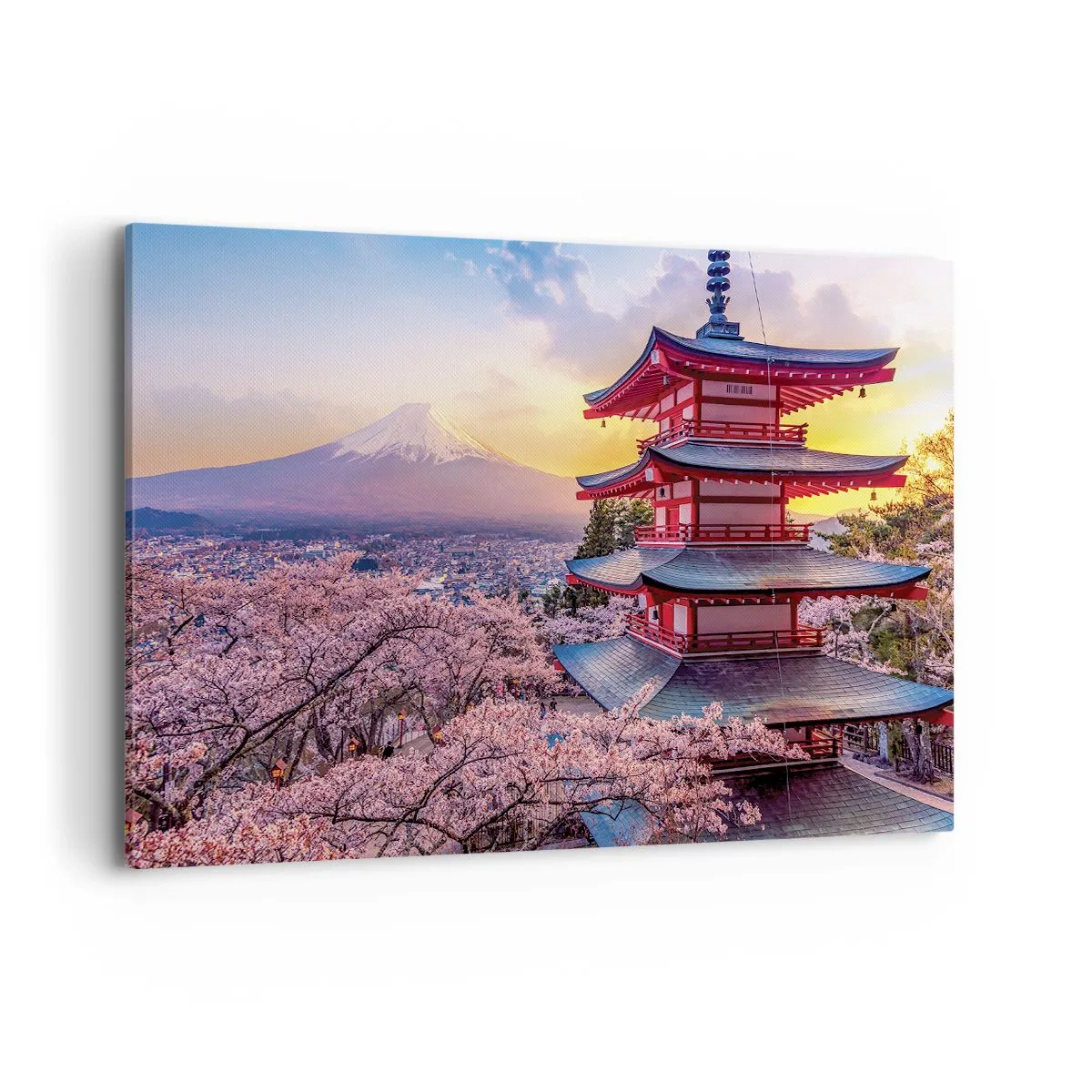 Quadro su tela - Stampe su Tela - Una pagoda in Giappone con fiori di ciliegio e il Monte Fuji - 120x80cm - L'essenza dell'anima giapponese - Decorazione murale moderna per soggiorno e camera da letto ARTTOR
