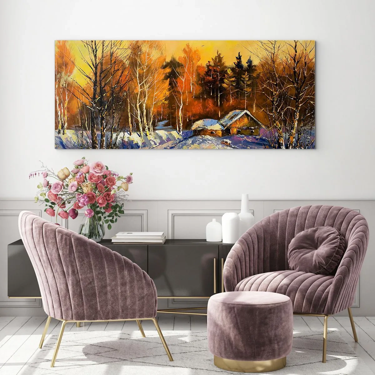 Quadro su vetro - Paesaggio invernale con una casa alla luce del sole al tramonto - 120x50cm - Impressionismo invernale al sole - Decorazione murale moderna per soggiorno e camera da letto ARTTOR