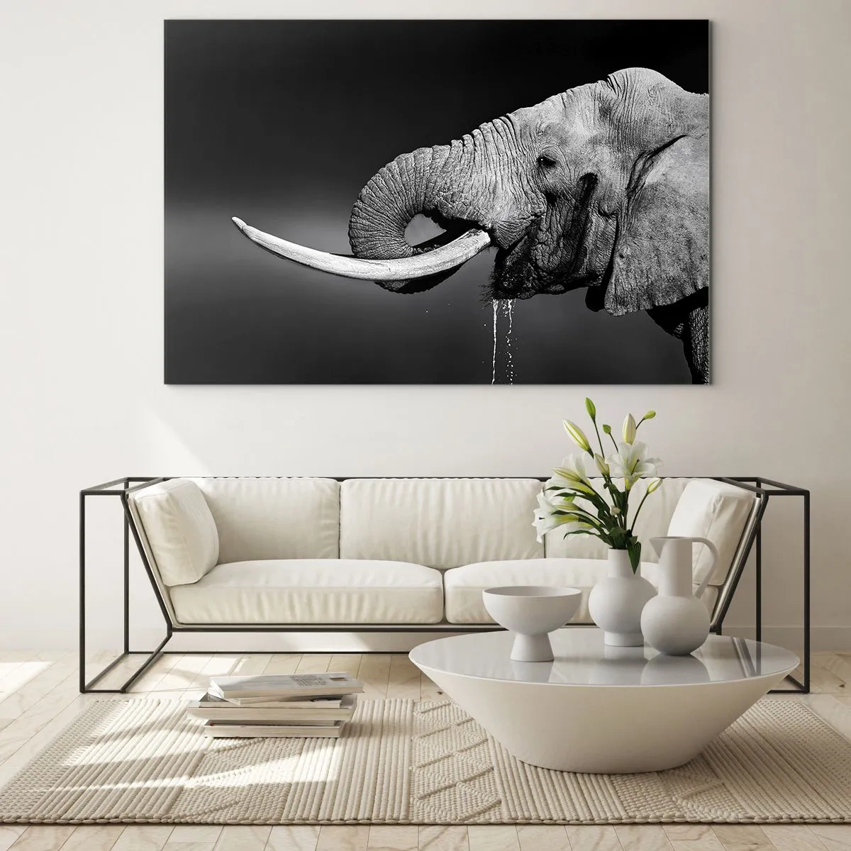 Quadro su vetro - Ritratto in bianco e nero di un elefante con proboscide - 100x70cm - Si, adesso va bene - Decorazione murale moderna per soggiorno e camera da letto ARTTOR