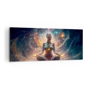 Quadro su tela - Stampe su Tela - Una figura in meditazione circondata da motivi e colori energetici. - 120x50cm - Un flusso di energia buona - Decorazione murale moderna per soggiorno e camera da letto ARTTOR