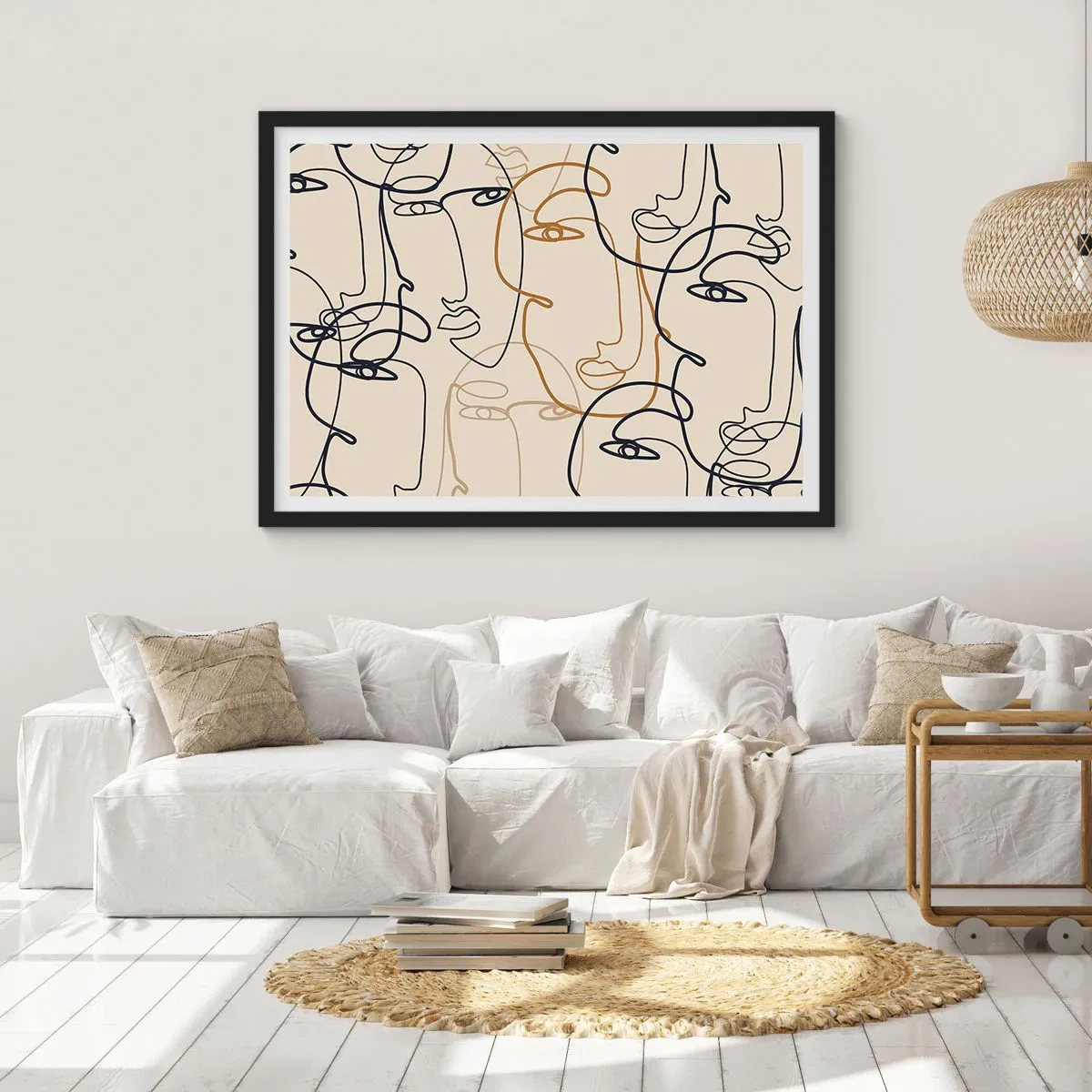 Poster in cornice nera - Volti minimalisti in stile line art su sfondo chiaro - 100x70cm - Ritratto multiplo - Decorazione murale moderna per soggiorno e camera da letto ARTTOR