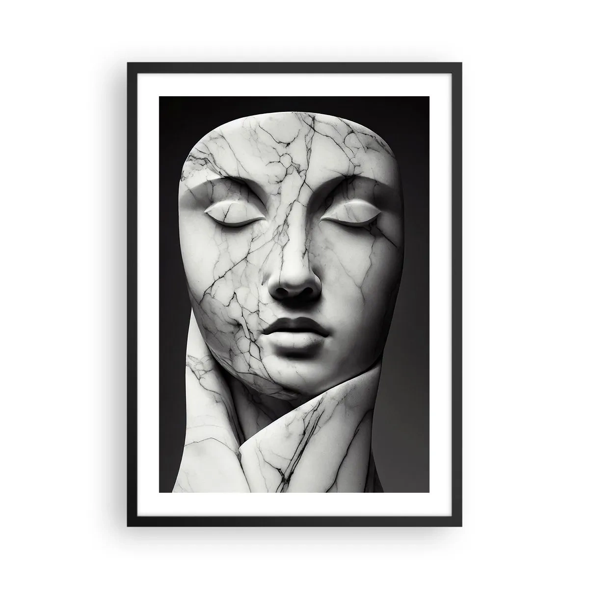 Poster in cornice nera - Scultura in marmo raffigurante un volto con gli occhi chiusi su sfondo nero - 50x70cm - Forme di marmo - Decorazione murale moderna per soggiorno e camera da letto ARTTOR