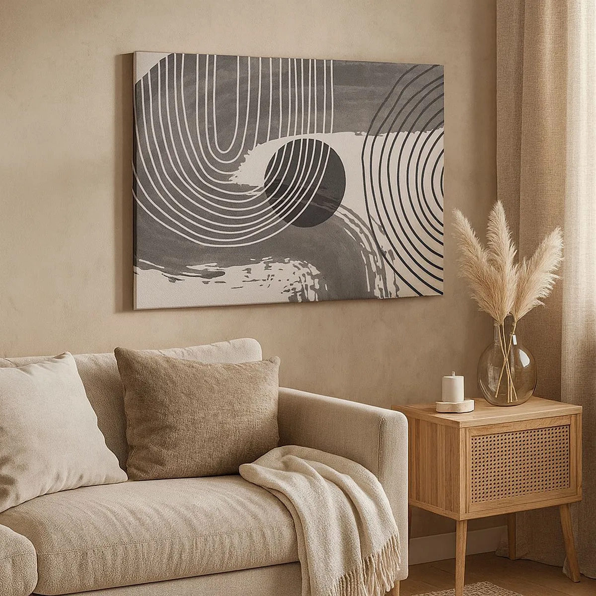 Quadro su tela - Stampe su Tela - Linee geometriche e ovali in tonalità monocromatiche - 70x50cm - L'ovale vittorioso - Decorazione murale moderna per soggiorno e camera da letto ARTTOR