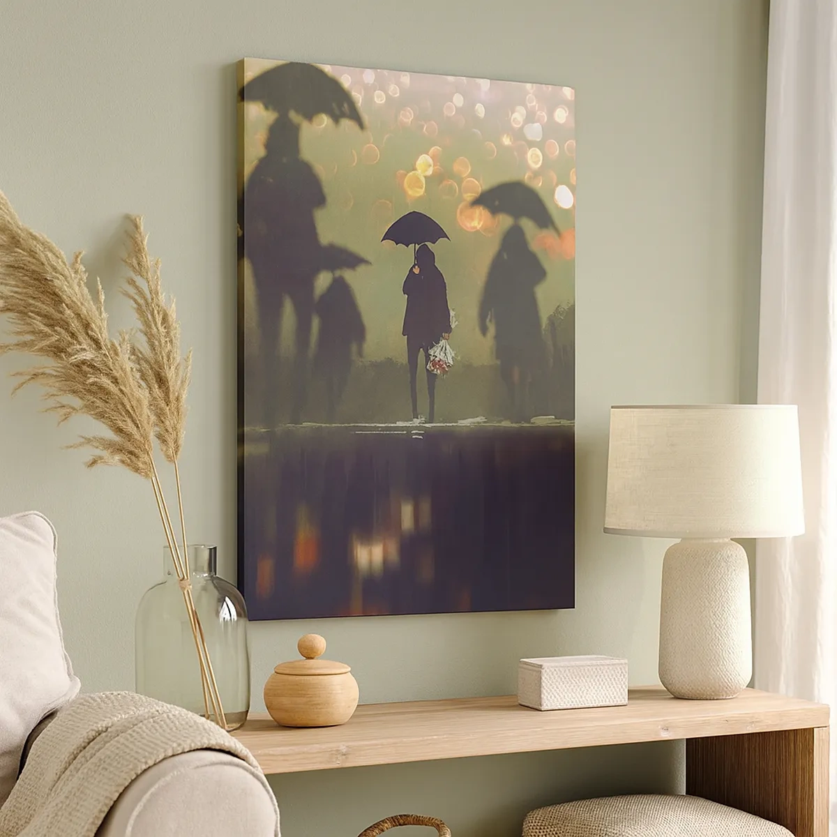 Quadro su tela - Stampe su Tela - Una figura con un ombrello in una sera piovosa tra le luci della città - 50x70cm - Dalla prospettiva di una goccia di pioggia - Decorazione murale moderna per soggiorno e camera da letto ARTTOR