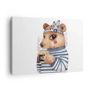 Quadro su tela - Stampe su Tela - Un orsacchiotto con un maglione a righe con una tazza di miele - 70x50cm - Dolce orsetto - Decorazione murale moderna per soggiorno e camera da letto ARTTOR