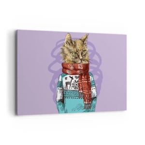 Quadro su tela - Stampe su Tela - Un gatto con un maglione e una sciarpa su uno sfondo viola - 120x80cm - Un gatto non solo con gli stivali - Decorazione murale moderna per soggiorno e camera da letto ARTTOR