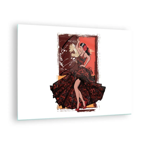 Quadro su vetro - Ballerina di flamenco in un elegante abito rosso e nero - 70x50cm - Al ritmo del cuore - Decorazione murale moderna per soggiorno e camera da letto ARTTOR