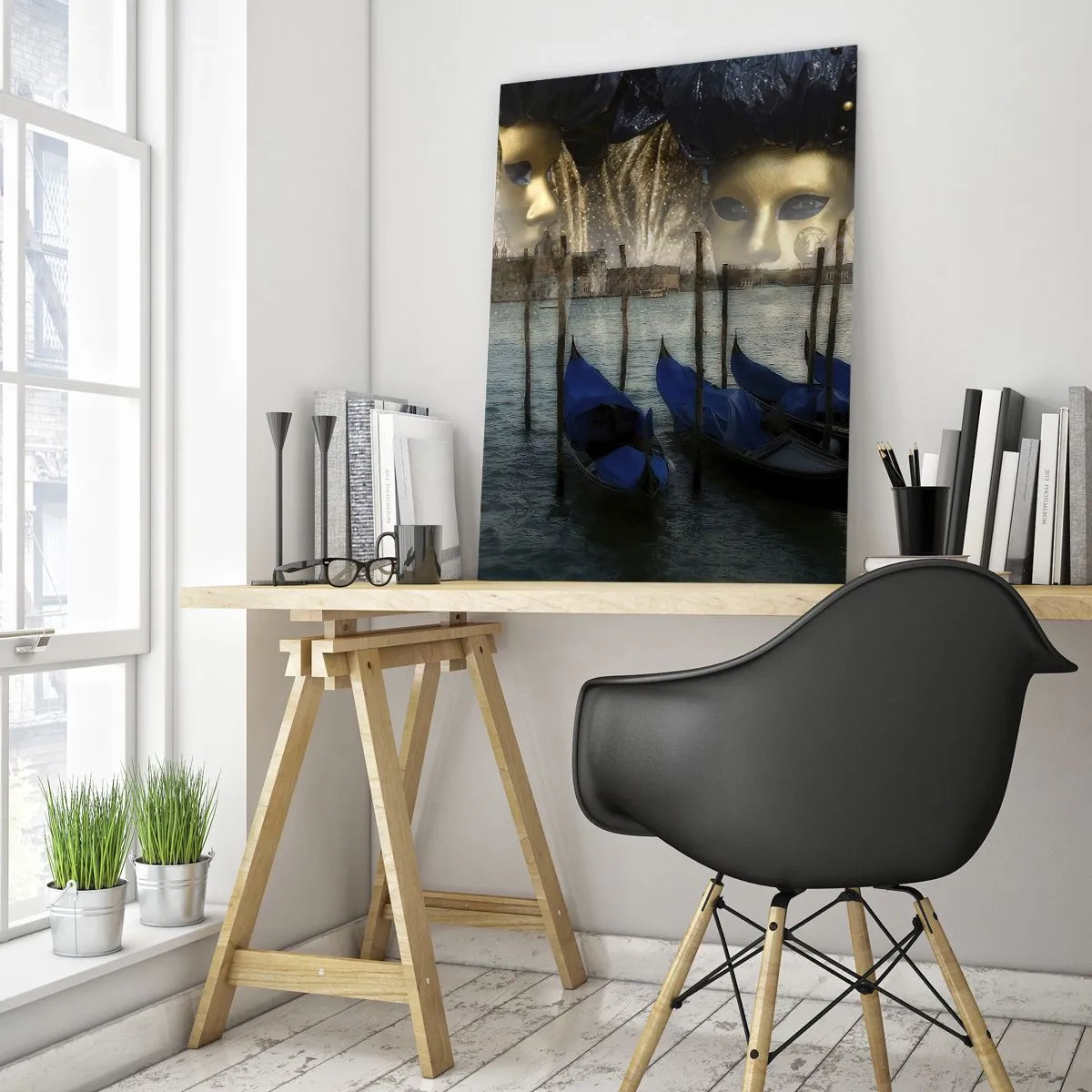 Quadro su vetro - Maschere di carnevale veneziane e gondole sullo sfondo della città e dell'acqua - 80x120cm - È ora di iniziare il carnevale - Decorazione murale moderna per soggiorno e camera da letto ARTTOR