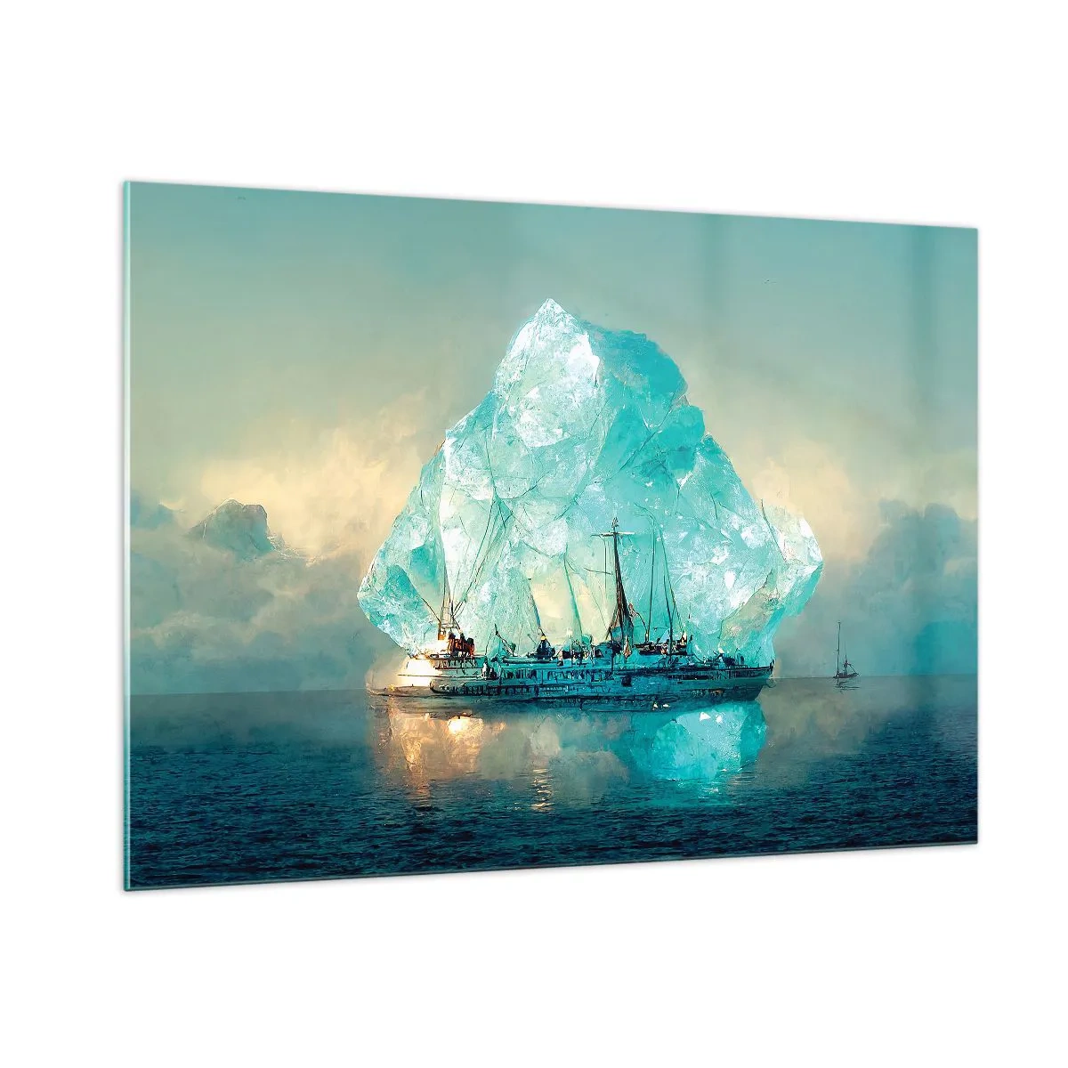 Quadro su vetro - Una nave a vela di fronte a un enorme ghiacciaio nella luce artica. - 100x70cm - Brillante artico - Decorazione murale moderna per soggiorno e camera da letto ARTTOR