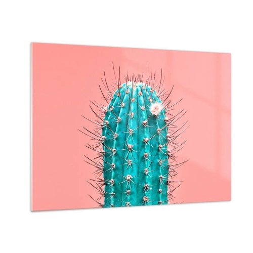 Quadro su vetro - Cactus verde con spine su sfondo rosa - 70x50cm - Stai attento - Decorazione murale moderna per soggiorno e camera da letto ARTTOR
