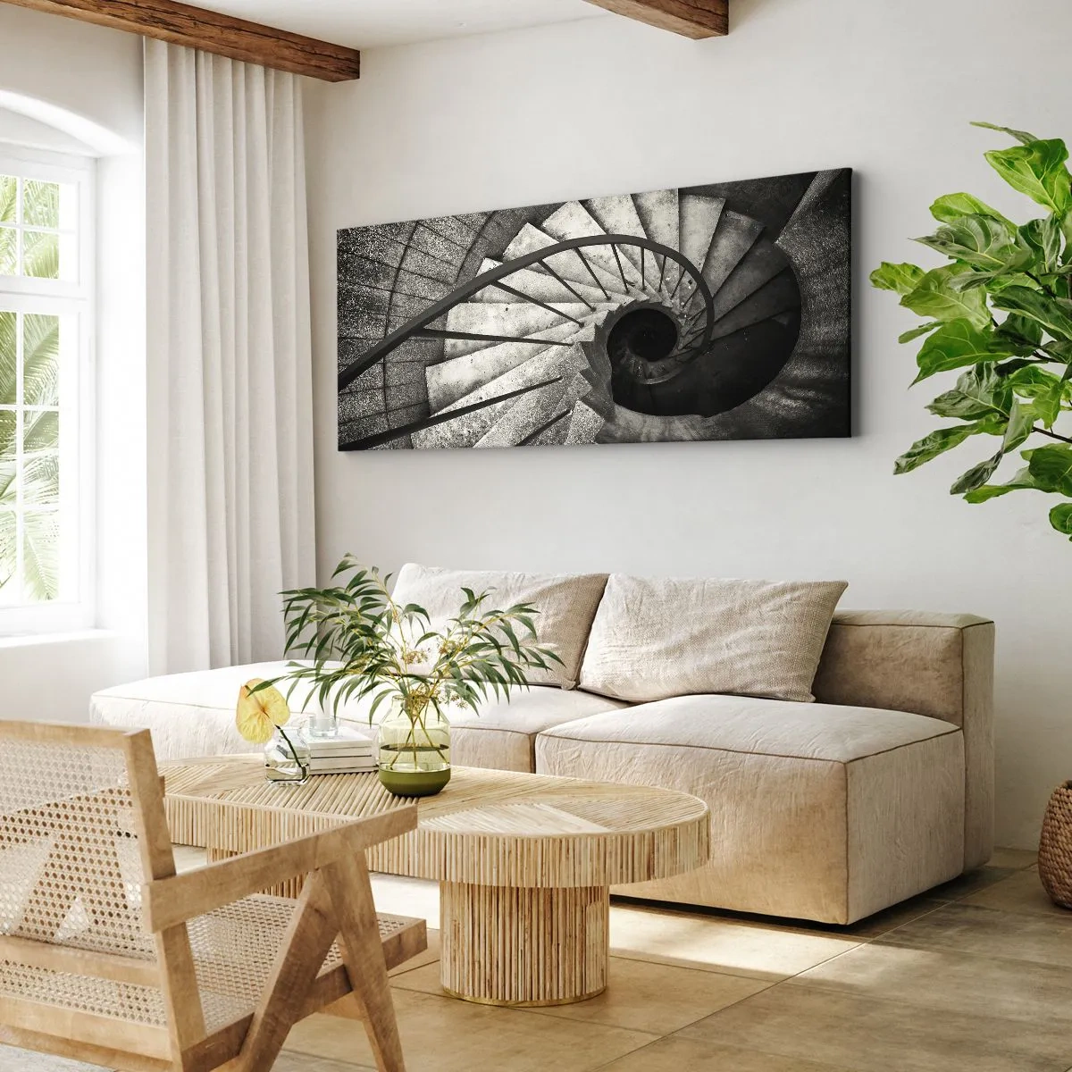 Quadro su tela - Stampe su Tela - Scala a chiocciola bianca e nera in stile moderno - 120x50cm - Salire e scendere - Decorazione murale moderna per soggiorno e camera da letto ARTTOR