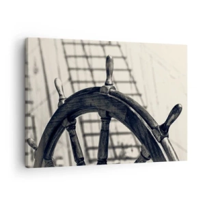 Quadro su tela - Stampe su Tela - Un timone a vela in stile retrò con una nave sullo sfondo - 70x50cm - Racconti del mare - Decorazione murale moderna per soggiorno e camera da letto ARTTOR