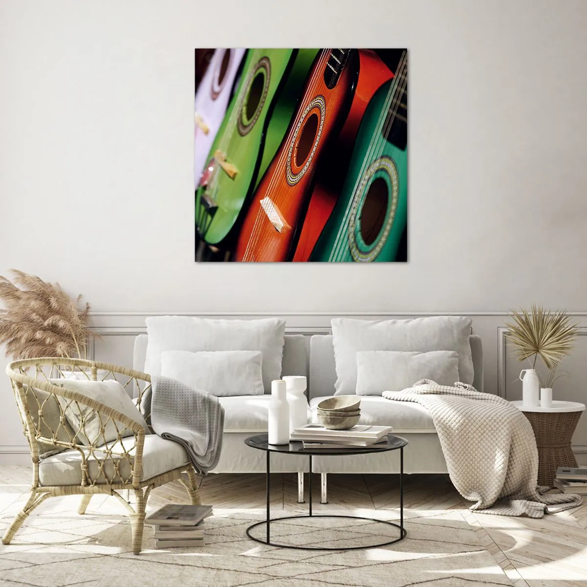 Quadro su vetro - La chitarra ha molti colori - 70x70 cm