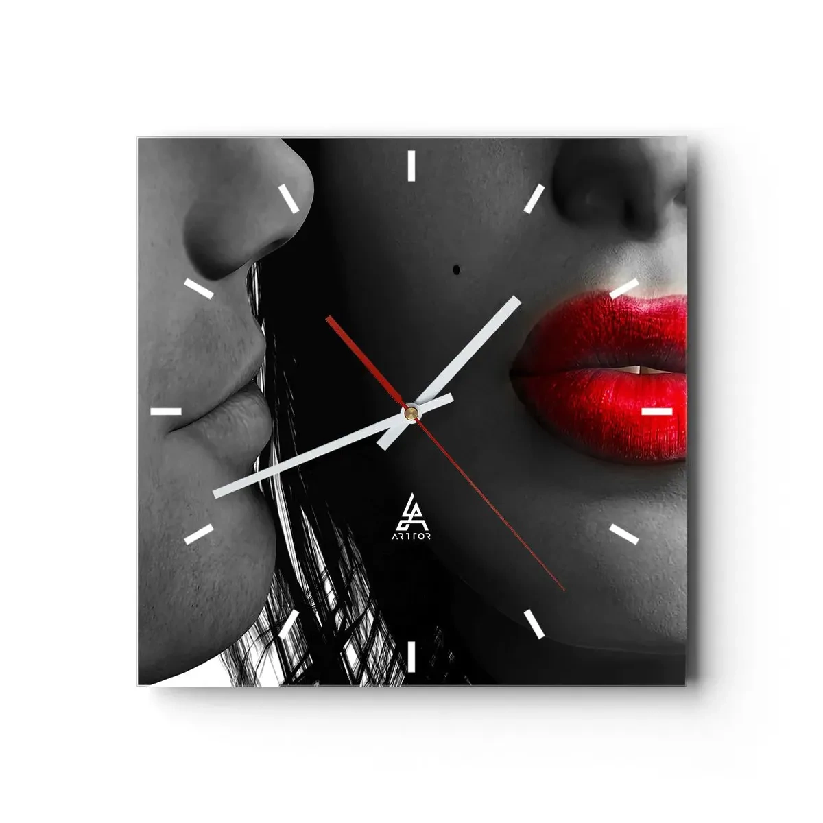 Orologio da parete - Orologio in Vetro - Primo piano dei volti di una donna e di un uomo con le labbra rosse. - 30x30cm - Volto accanto al volto  - Decorazione murale moderna per soggiorno e camera da letto ARTTOR