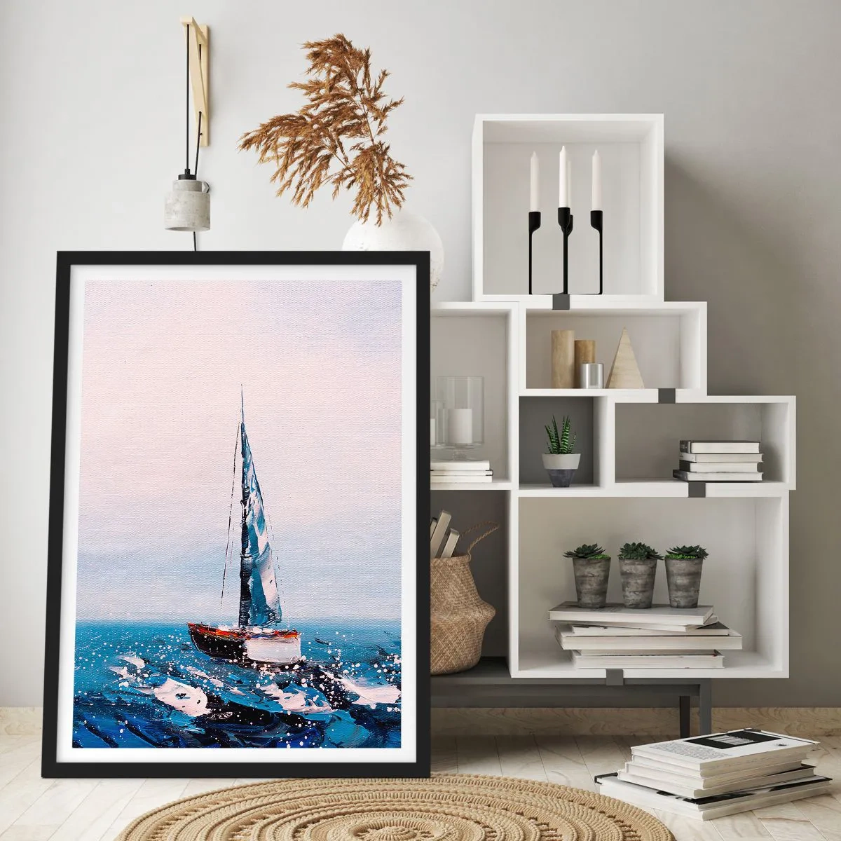 Poster in cornice nera - Una barca a vela su un oceano in tempesta in stile pittorico - 50x70cm - Fratellanza nel vento - Decorazione murale moderna per soggiorno e camera da letto ARTTOR