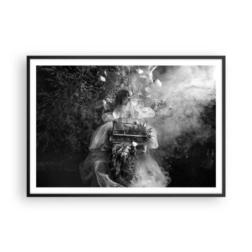 Poster in cornice nera - Una composizione in bianco e nero con una figura vestita e una gabbia nella nebbia. - 100x70cm - Madre natura stessa - Decorazione murale moderna per soggiorno e camera da letto ARTTOR
