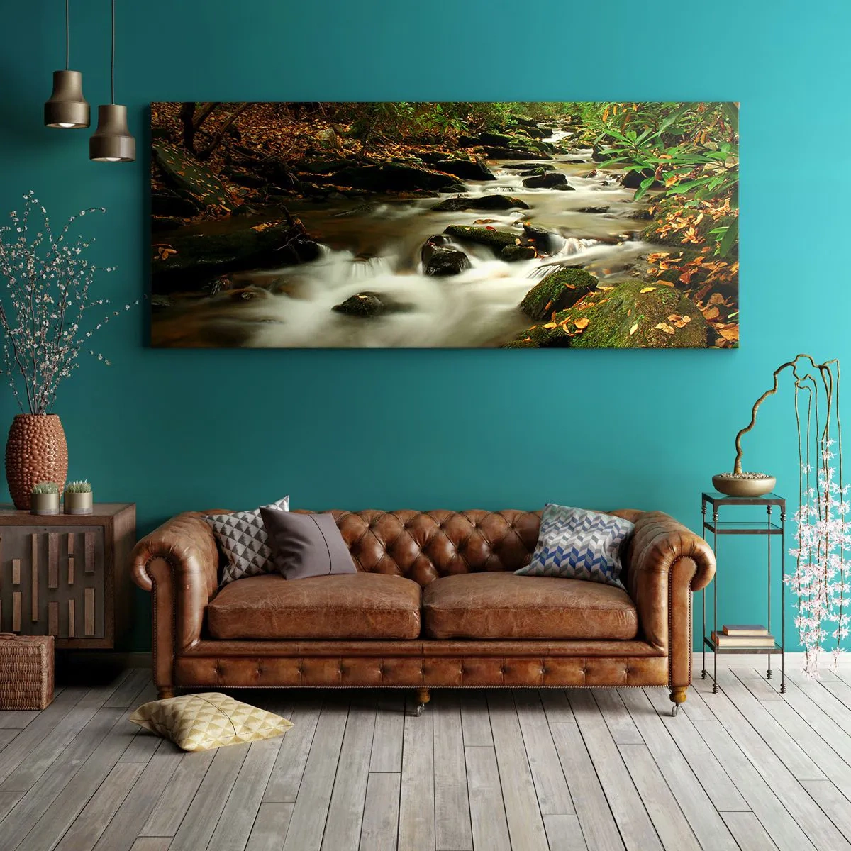 Quadro su tela - Stampe su Tela - Un ruscello nella foresta che scorre tra le pietre circondato dal verde - 140x50cm - Come argento liquido - Decorazione murale moderna per soggiorno e camera da letto ARTTOR