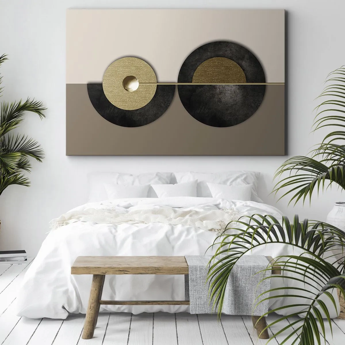 Quadro su tela - Stampe su Tela - Cerchi astratti nei toni dell'oro e del marrone - 100x70cm - Variazioni attorno al cerchio - Decorazione murale moderna per soggiorno e camera da letto ARTTOR