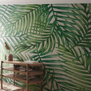 Fotomurali Premium Sand - Foglie di palma verdi su sfondo bianco - 100x70cm - Sotto un baldacchino verde - Decorazione murale moderna per soggiorno e camera da letto ARTTOR