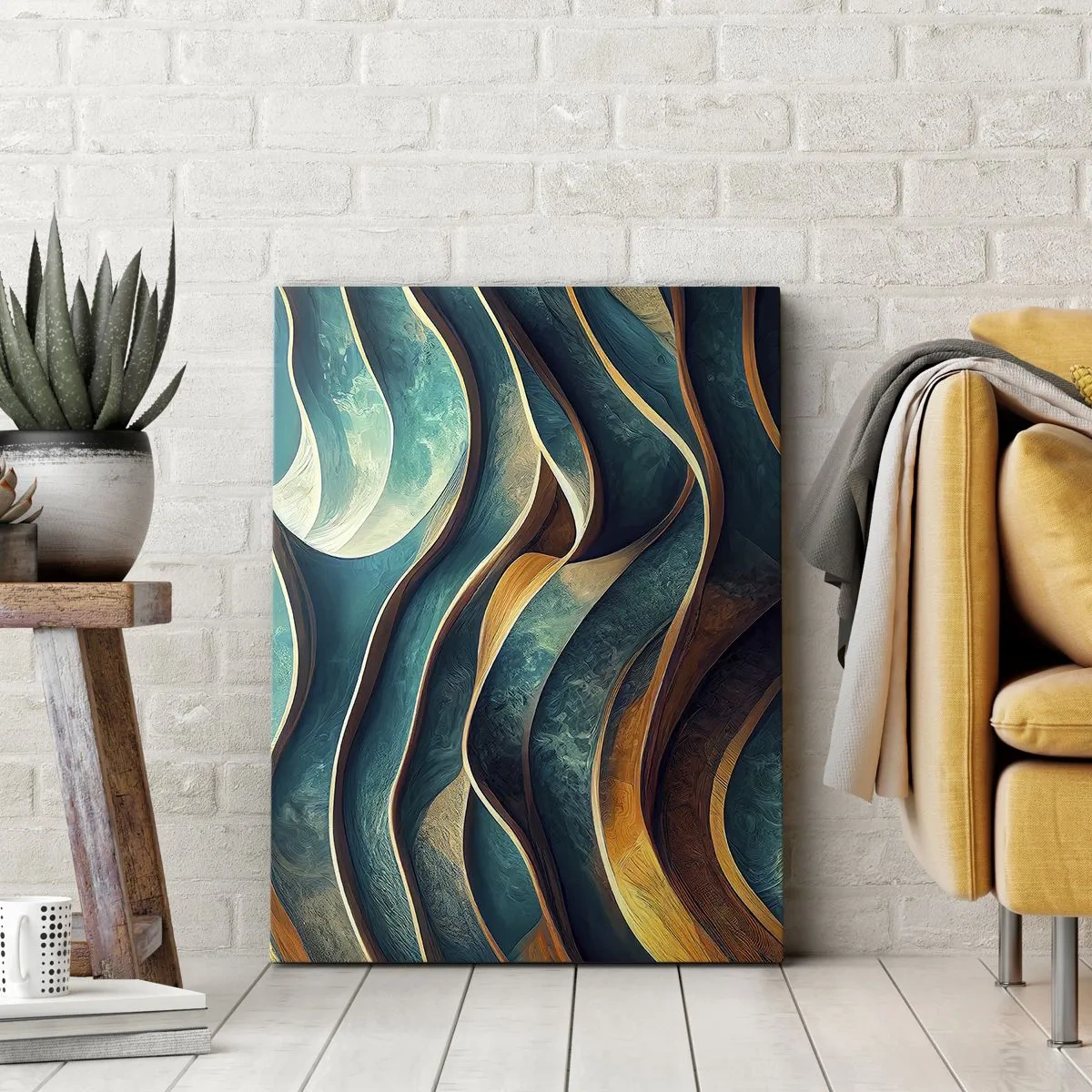 Quadro su tela - Stampe su Tela - Onde astratte nei toni del turchese e dell'oro - 80x120cm - I meandri del blu - Decorazione murale moderna per soggiorno e camera da letto ARTTOR