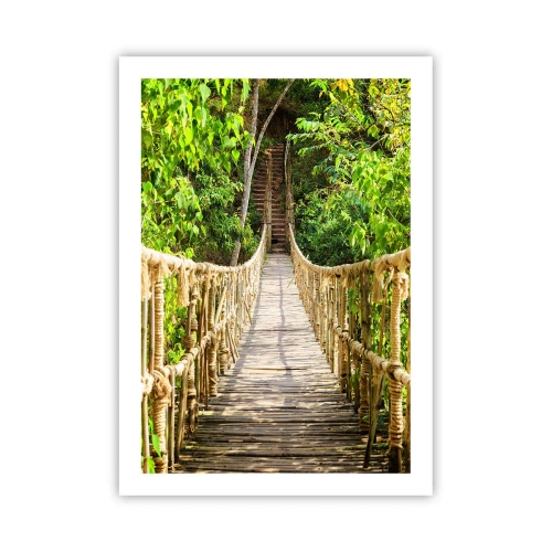 Poster - Un ponte di corda in legno circondato da una vegetazione lussureggiante - 50x70cm - Sospeso nel verde - Decorazione murale moderna per soggiorno e camera da letto ARTTOR