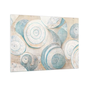 Quadro su vetro - Conchiglie in una tavolozza blu e beige su uno sfondo strutturato - 70x50cm - Cosa nasconde la chiocciola? - Decorazione murale moderna per soggiorno e camera da letto ARTTOR
