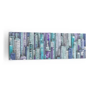 Quadro su tela - Stampe su Tela - Illustrazione di una città con edifici geometrici nelle tonalità del blu e del viola. - 160x50cm - Bluastri dal cielo - Decorazione murale moderna per soggiorno e camera da letto ARTTOR