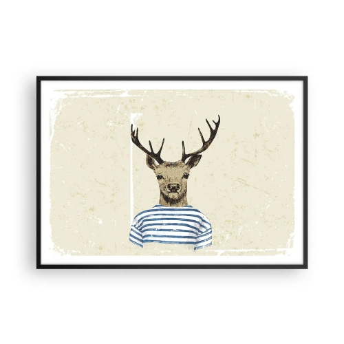 Poster in cornice nera - Un cervo con una camicia a righe su uno sfondo chiaro con una trama delicata - 100x70cm - Mi piacciono le camicie a righe! - Decorazione murale moderna per soggiorno e camera da letto ARTTOR