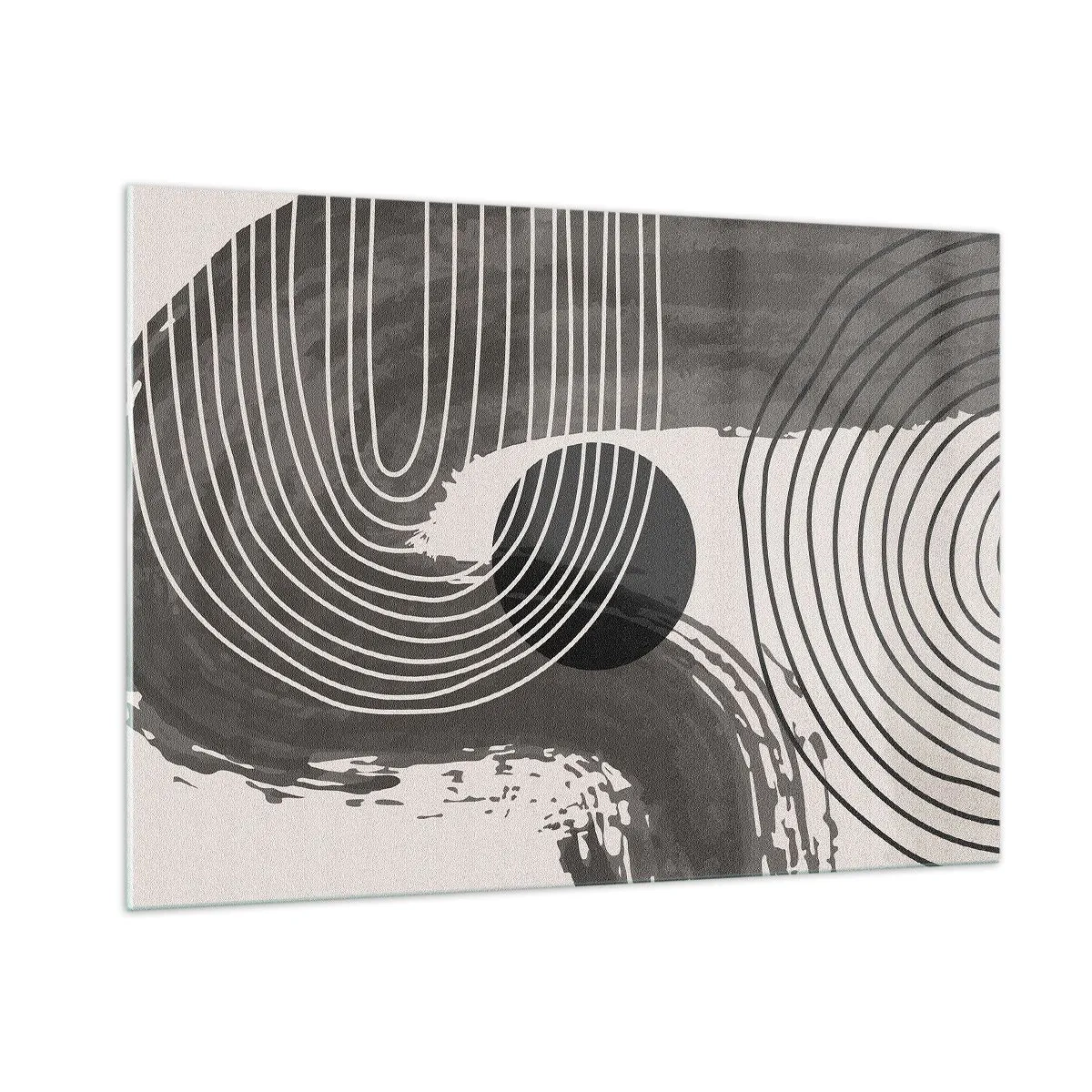 Quadro su vetro - Astrazione moderna con linee bianche e nere e un ovale - 100x70cm - L'ovale vittorioso - Decorazione murale moderna per soggiorno e camera da letto ARTTOR