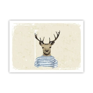 Poster - Un cervo con una camicia a righe su uno sfondo chiaro con una trama delicata - 100x70cm - Mi piacciono le camicie a righe! - Decorazione murale moderna per soggiorno e camera da letto ARTTOR