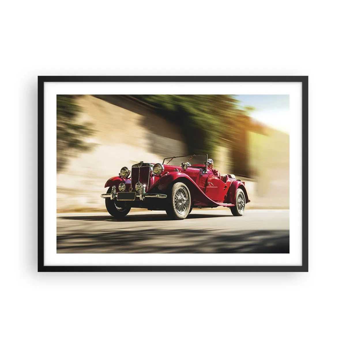 Poster in cornice nera - Auto d'epoca rossa in movimento su una strada soleggiata - 70x50cm - Più bella della Nike di Samotracia - Decorazione murale moderna per soggiorno e camera da letto ARTTOR
