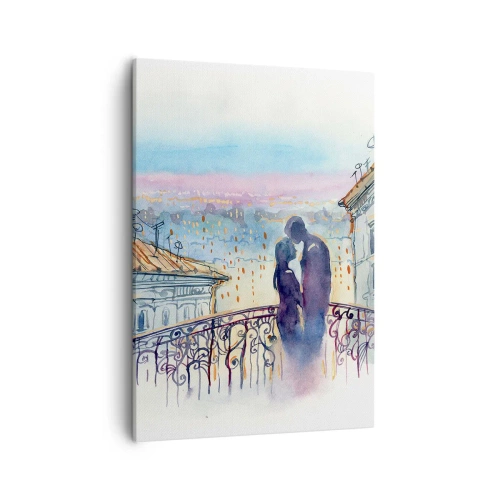 Quadro su tela - Stampe su Tela - Coppia romantica su un balcone con vista sulla città - 50x70cm - Amanti parigini - Decorazione murale moderna per soggiorno e camera da letto ARTTOR