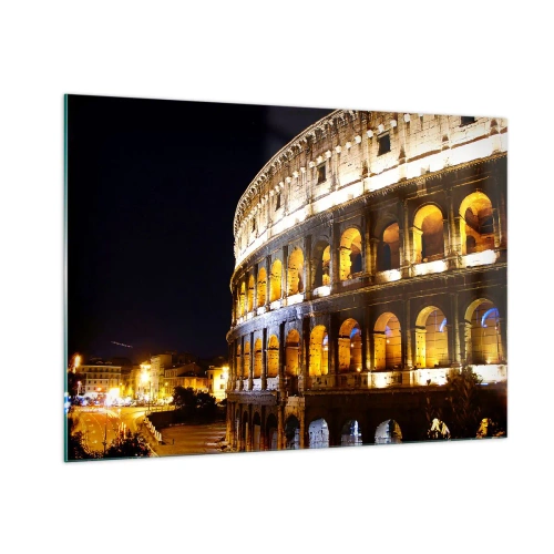 Quadro su vetro - Il Colosseo di notte con gli archi illuminati - 100x70cm - È tempo di iniziare i giochi - Decorazione murale moderna per soggiorno e camera da letto ARTTOR