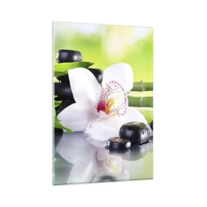 Quadro su vetro - Orchidea, pietre e bambù in un'armoniosa composizione spa - 80x120cm - Freschezza rinfrescante - Decorazione murale moderna per soggiorno e camera da letto ARTTOR