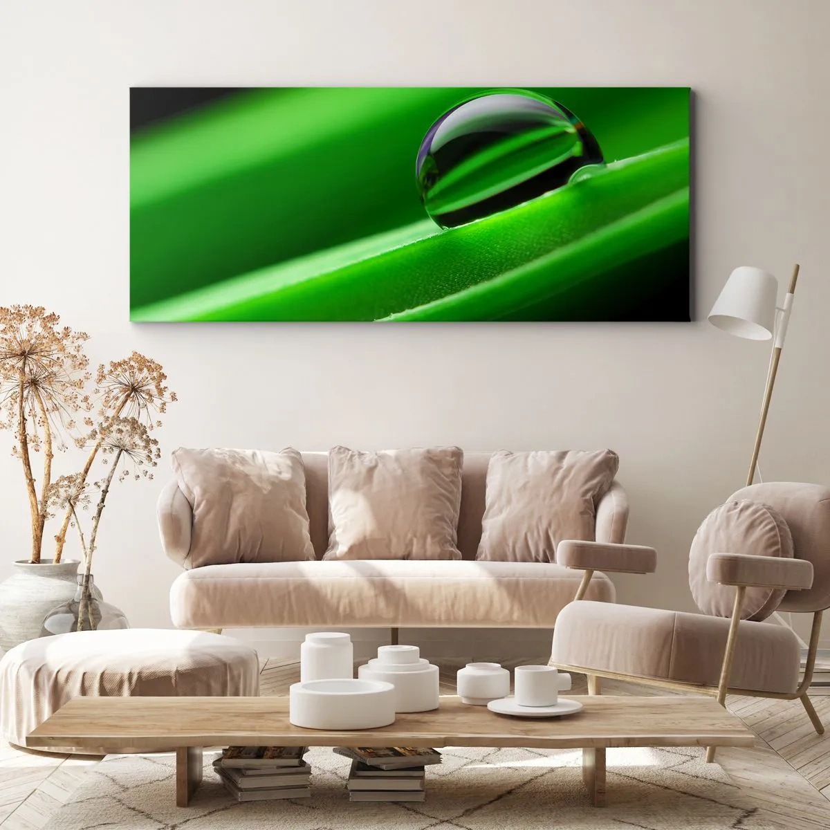 Quadro su tela - Stampe su Tela - Primo piano di una goccia di rugiada su una foglia verde - 140x50cm - La vita da vicino - Decorazione murale moderna per soggiorno e camera da letto ARTTOR