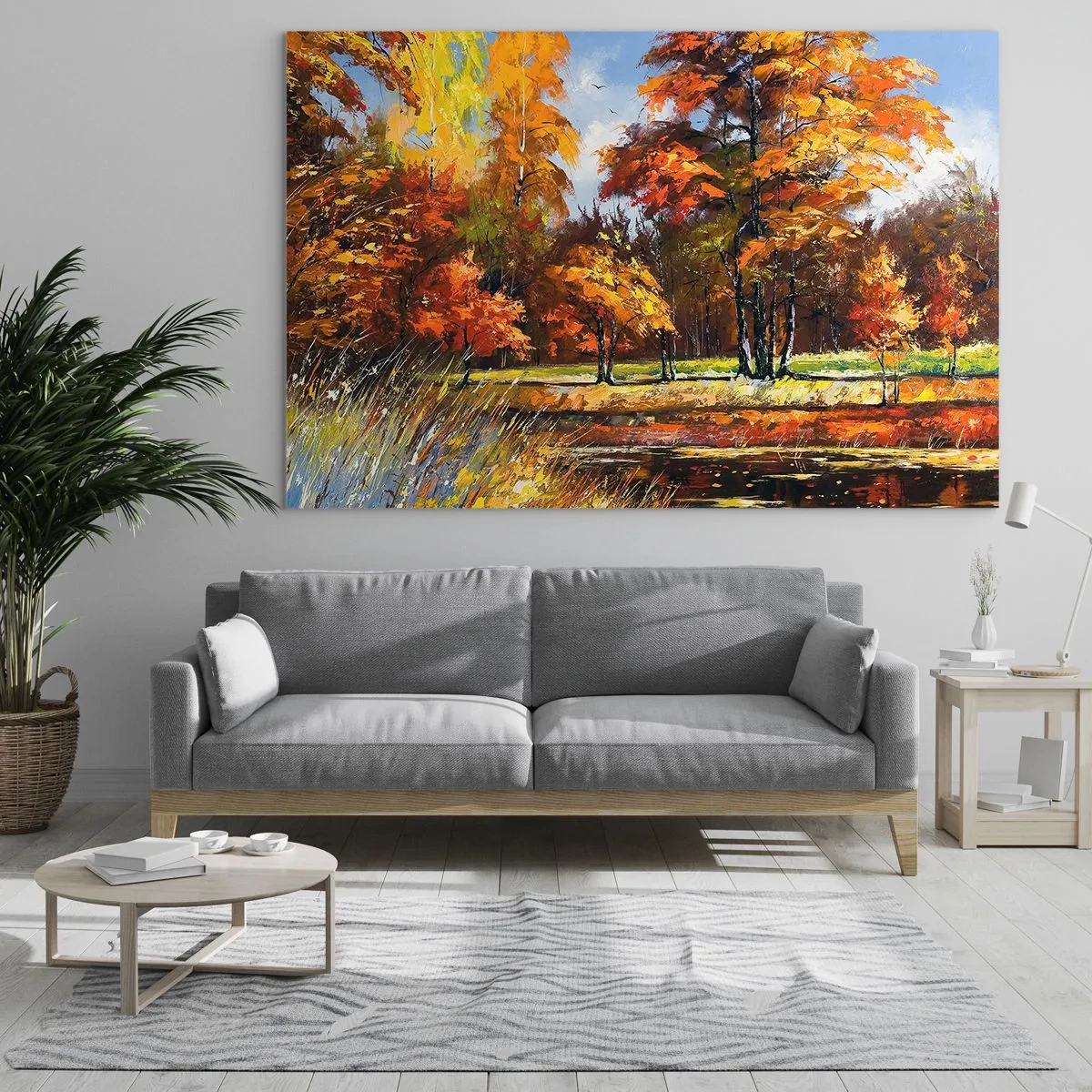 Quadro su vetro - Paesaggio autunnale con alberi e riflessi nell'acqua - 70x50cm - Paesaggio in oro e marrone - Decorazione murale moderna per soggiorno e camera da letto ARTTOR