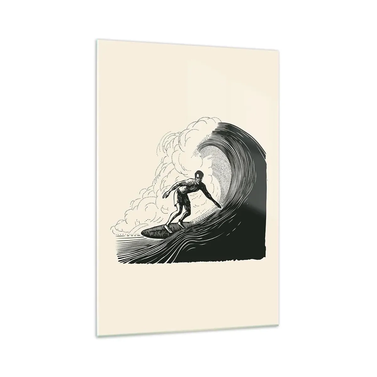 Quadro su vetro - Grafica in bianco e nero di un surfista che cavalca un'onda - 70x100cm - Il re delle onde - Decorazione murale moderna per soggiorno e camera da letto ARTTOR
