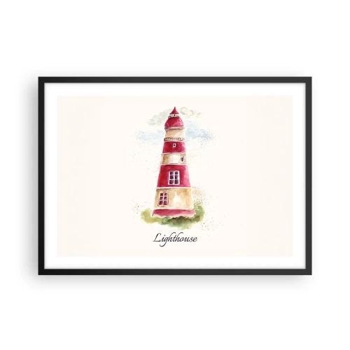 Poster in cornice nera - Dipinto ad acquerello di un faro su sfondo chiaro con un'iscrizione - 70x50cm - Attorno è sempre bel tempo - Decorazione murale moderna per soggiorno e camera da letto ARTTOR
