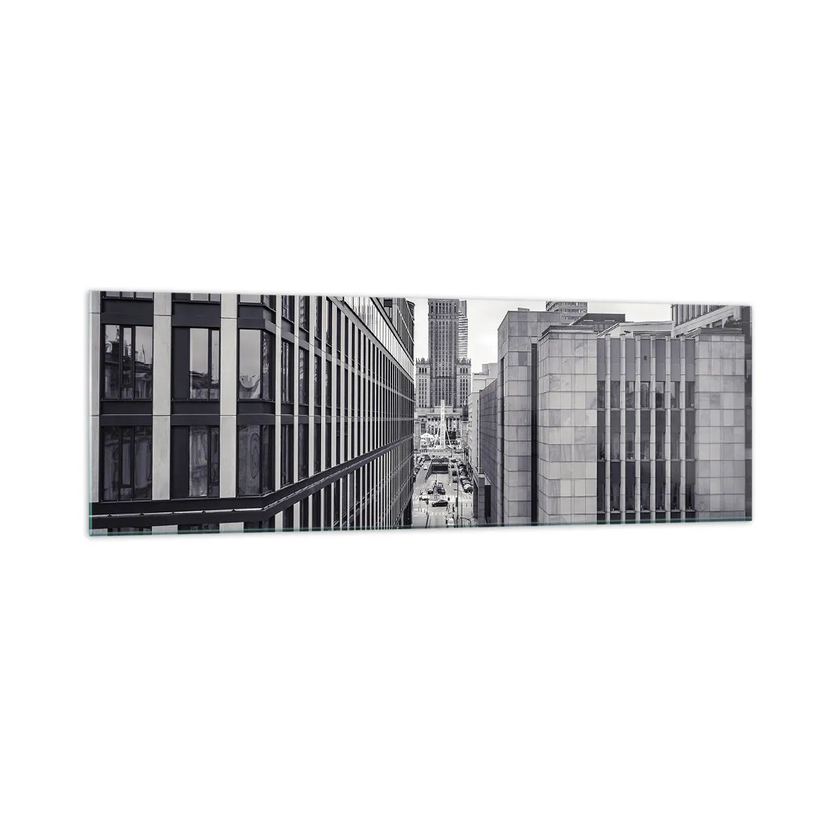 Quadro su vetro - Panorama di Varsavia con vista sul Palazzo della Cultura e sugli edifici circostanti - 160x50cm - La valle di Varsavia - Decorazione murale moderna per soggiorno e camera da letto ARTTOR