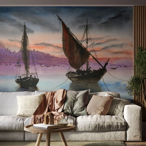 Fotomurali Premium Canvas - Due velieri ormeggiati in acque calme al tramonto - 100x70cm - La sera nel porto - Decorazione murale moderna per soggiorno e camera da letto ARTTOR