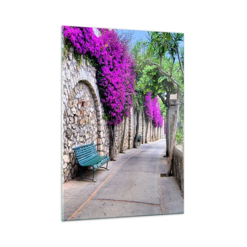 Quadro su vetro - Un muro di pietra con fiori viola e una panchina lungo il sentiero - 50x70cm - Incontriamoci al più presto - Decorazione murale moderna per soggiorno e camera da letto ARTTOR