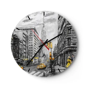 Orologio da parete - Orologio in Vetro - Una vista pittoresca di New York City con i taxi sulla strada - 30x30cm - Racconto di New York - Decorazione murale moderna per soggiorno, cucina e camera da letto ARTTOR