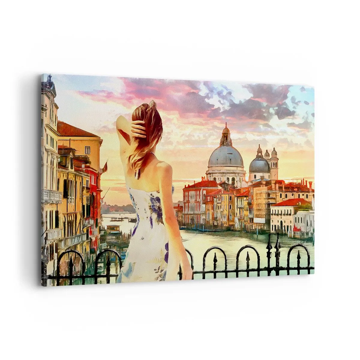 Quadro su tela - Stampe su Tela - Una donna ammira il pittoresco paesaggio lungo il canale - 100x70cm - Se un'avventura allora solo a... - Decorazione murale moderna per soggiorno e camera da letto ARTTOR
