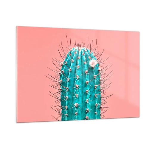 Quadro su vetro - Cactus verde con spine su sfondo rosa - 120x80cm - Stai attento - Decorazione murale moderna per soggiorno e camera da letto ARTTOR