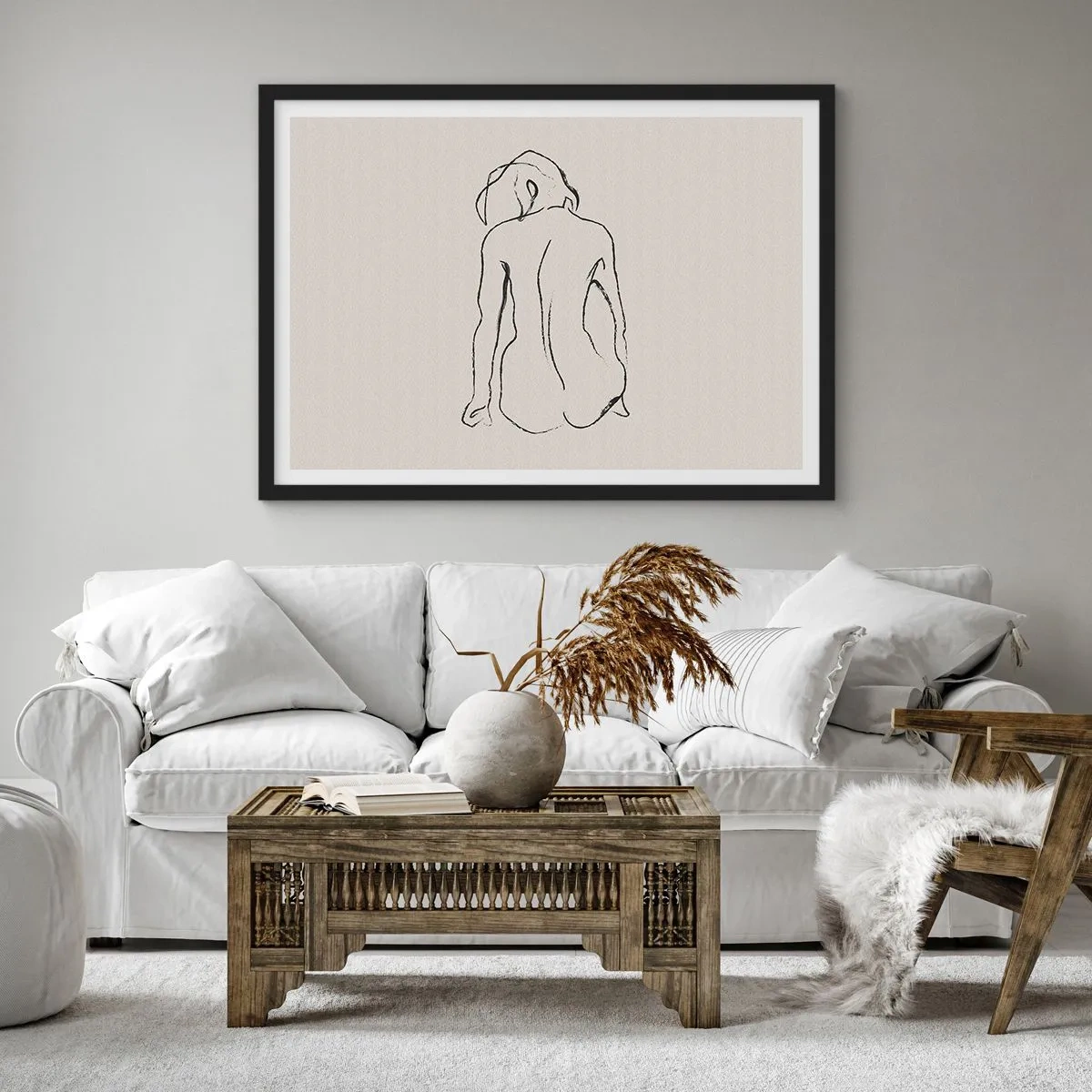 Poster in cornice nera - Uno schizzo sottile della silhouette di una ragazza vista da dietro - 70x50cm - Nudo di ragazza - Decorazione murale moderna per soggiorno e camera da letto ARTTOR