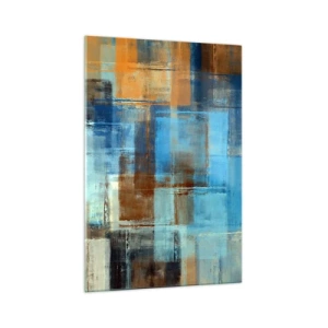 Quadro su vetro - Composizione geometrica astratta nei toni del blu e del marrone - 70x100cm - Attraverso la tenda blu - Decorazione murale moderna per soggiorno e camera da letto ARTTOR