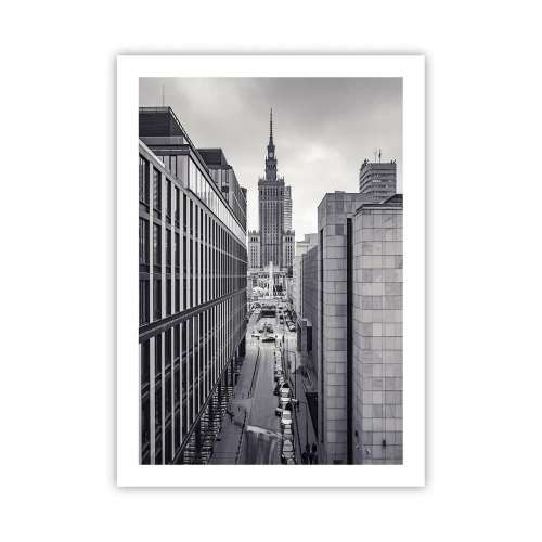 Poster - Vista del Palazzo della Cultura e della Scienza di Varsavia in tonalità di grigio - 50x70cm - La valle di Varsavia - Decorazione murale moderna per soggiorno e camera da letto ARTTOR